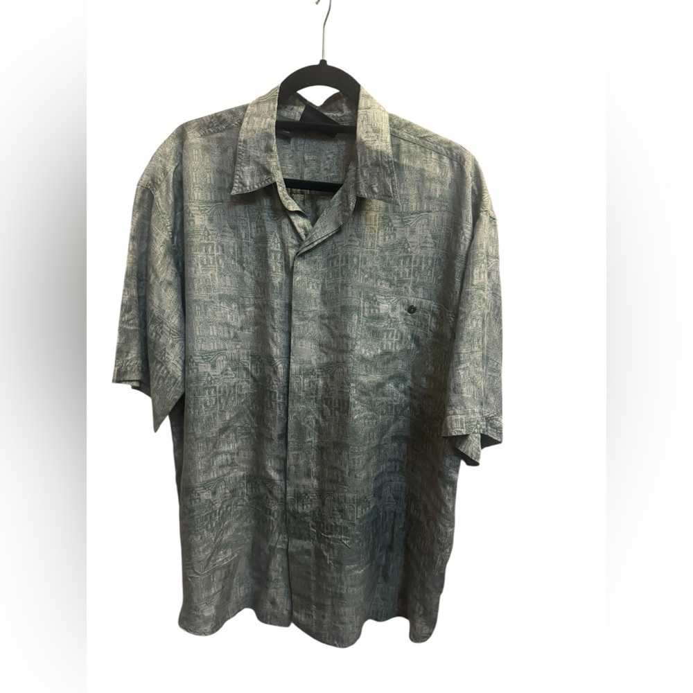 COLORE ITALIA SILK Luxury Button Down Short Sleeve Shirt Large LIKE NEW GRN EUC